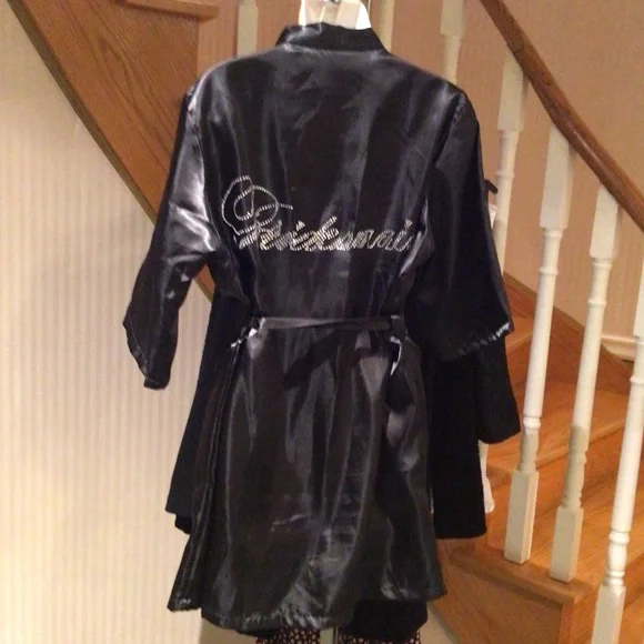 ⬇️Price Drop⬇️Black satin O/S bridesmaid written in rhinestones robe like new - Picture 2 of 4